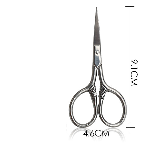 Pair of silver scissors with measurements on a white background