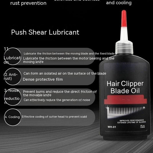 Hair clipper blade oil bottle with features listed on a black background