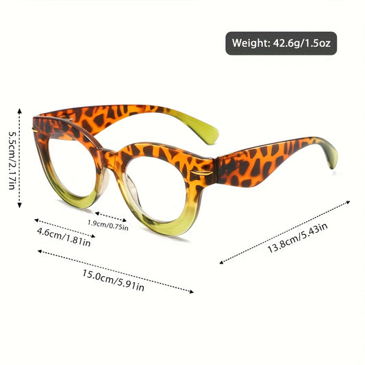 Leopard print eyeglasses with measurements and weight displayed on a white background
