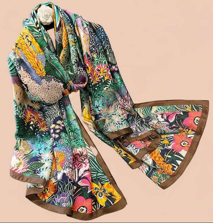 Colorful floral scarf on a mannequin with sunglasses and a handbag in the background.