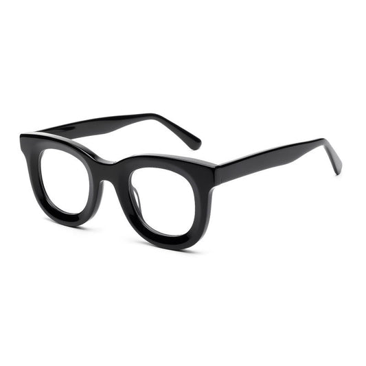 Eyeglasses with orange and black frame on a white background