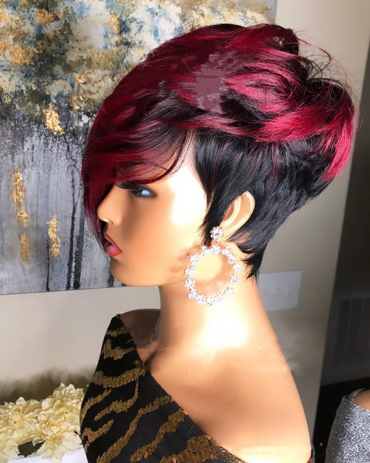 Dark Red Pixie Cut Human Hair Wig – Short Burgundy Bob Natural Hairline Wig.