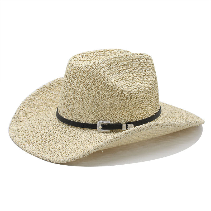 khaki straw cowboy hat wide brim woven western style
straw western hat black ribbon band metal buckle detail
breathable straw cowboy hat for beach rodeo outdoor wear
elegant woven straw hat wide brim sun protection
