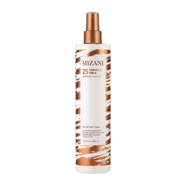 Mizani 25 Miracle Milk bottle with white and bronze design on a white background