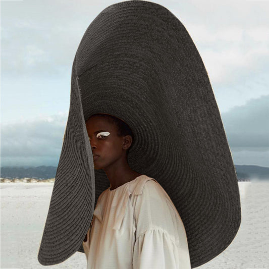 Women's wide-brim khaki straw sun hat with flat eaves and dome crown for summer UV protection