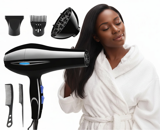 Black hair dryer with attachments and a woman in a white robe using it.