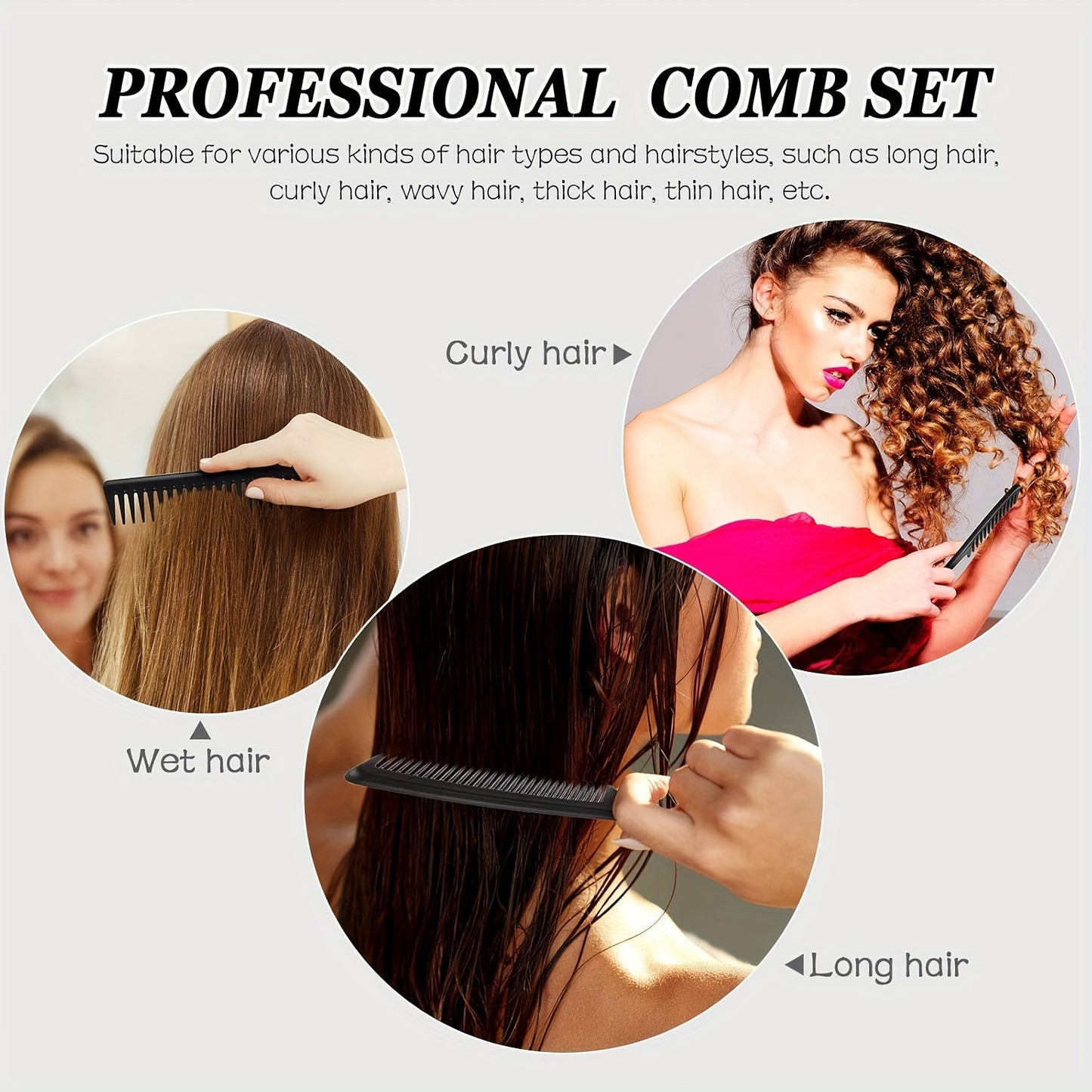 3pcs Haircutting Wide-Tooth Comb Set, Smooth Hairstyling Kit, Carbon Fiber Styling Haircutting Comb, Anti-Static and Heat-Resistant, Black, Suitable for Men and Women with Curly Hair at Home, for Salon and Home Use, 3pcs Haircutting Set