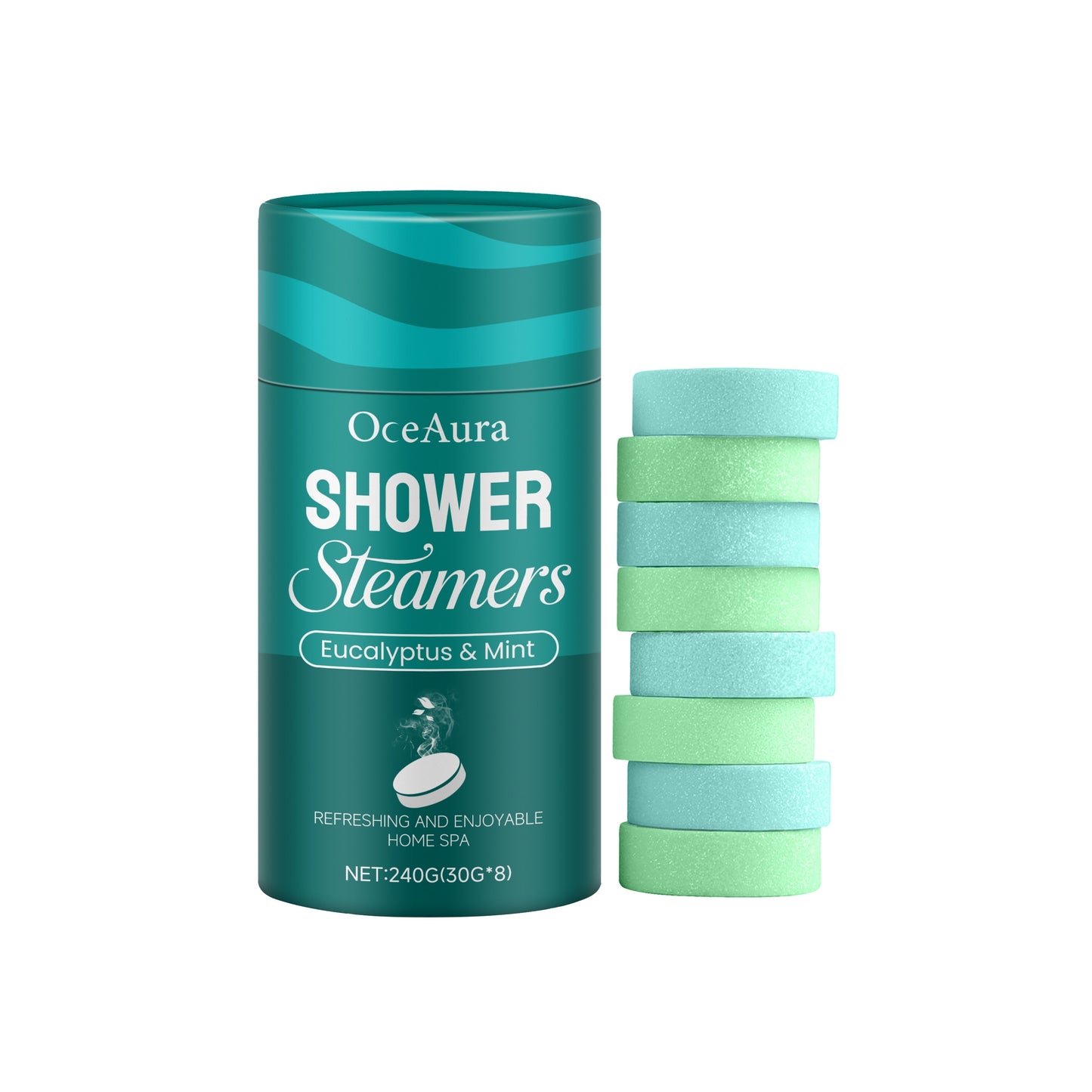 Eucalyptus and mint bath tablet for relaxing aromatherapy soak with refreshing scent and cleansing effect.