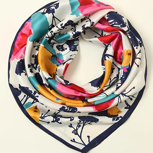 Vibrant Floral Print Satin Square Scarf – Boho Headscarf for Women
