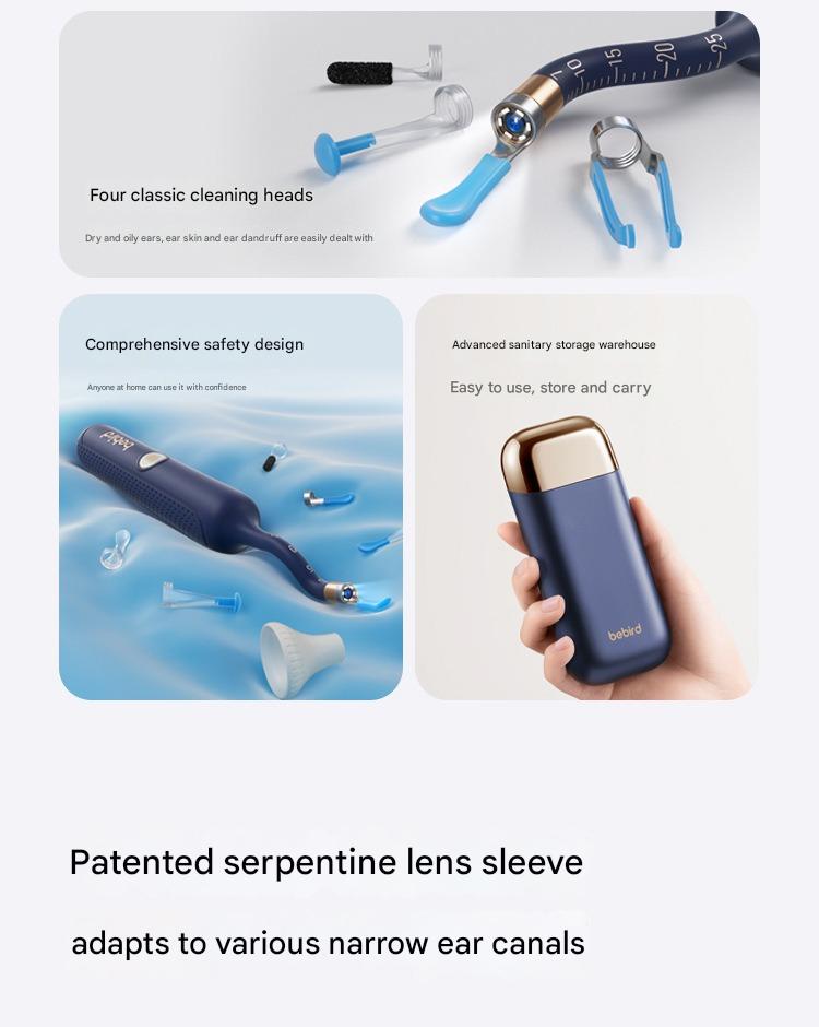 Eardrop cleaning device with cleaning heads and safety features on a white background