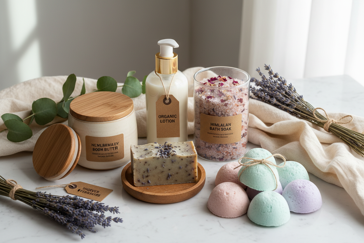Eco-friendly pampering set with soap, lotion, body butter, bath salts, and shower steamers