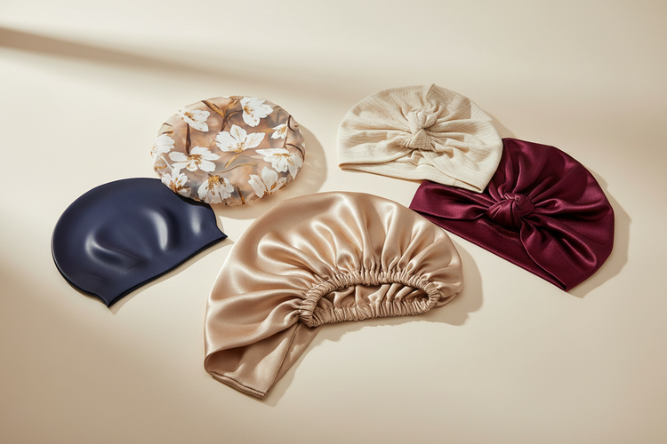 Curated satin hair bonnets, scarves, and wraps for sleep, pool, and shower Waterproof caps protecting hair during swimming or bathing Satin hair collection reducing frizz and breakage Travel-ready satin hair accessories suitable for all hair types