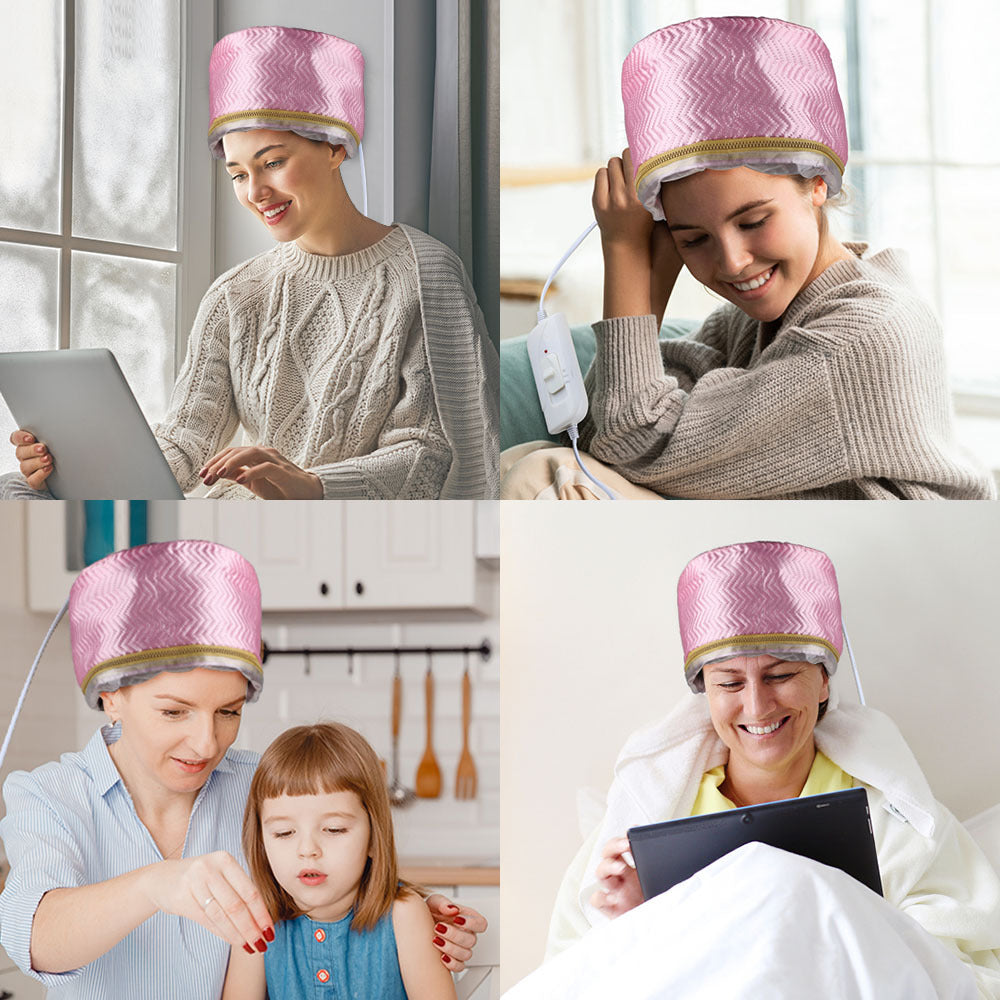 Woman wearing a pink hair dryer cap in various settings, including at home and with a child.