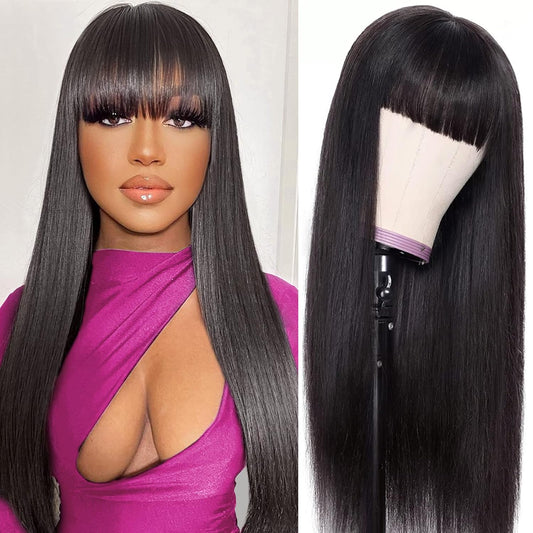 Machine Made Wig with Bangs – Straight Texture, Natural Color, Adjustable Cap for Easy Wear n Hair Wig With Bangs, Straight Natural Color Wig, 150 Density