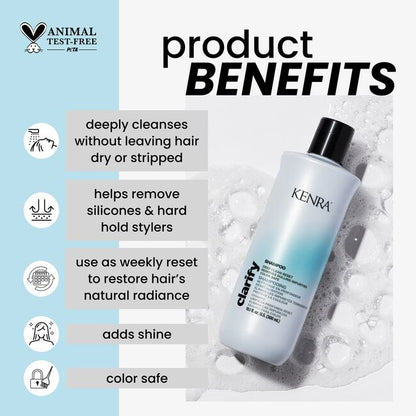 Kenra shampoo bottle with product benefits listed on a white background