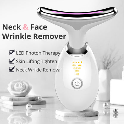 LED neck and face beauty device with EMS microcurrent therapy
Anti-aging neck massager with red blue and green LED light therapy
Portable facial tightening device with heat massage and ion cleansing
Rechargeable wrinkle reducing beauty tool for neck and face care