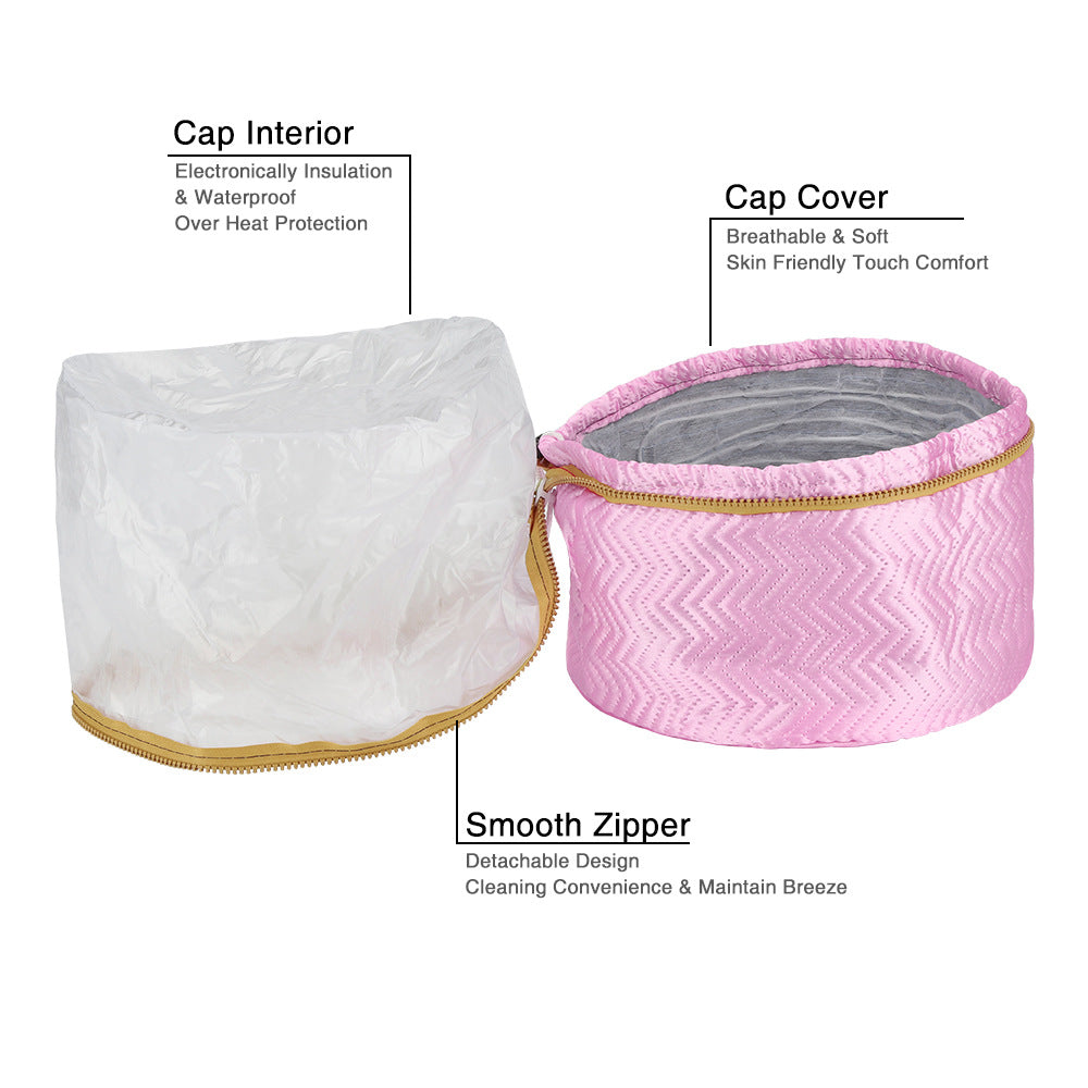 Cap interior, cap cover, and smooth zipper features with text labels Portable heated cap for at home hair treatment
Moisture locking hair cap for smoother shinier hair