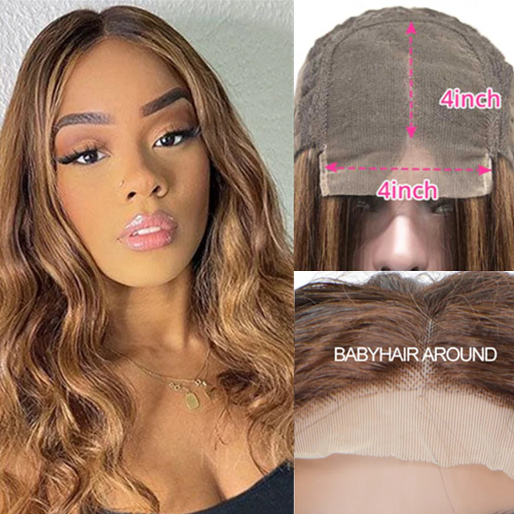 Body Wave 4x4 Lace Closure Wig Human Hair Highlight.