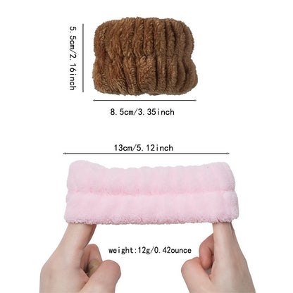 No-Drip Face Wash Set featuring soft wrist washbands and a stretchy makeup headband designed to keep water from running down arms and hair while cleansing the face.”