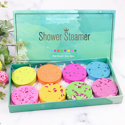aromatherapy shower steamers essential oil bath tablets
round shower steamer tablets dissolving in water
spa shower tablets for relaxation and stress relief
scented shower bombs with essential oils