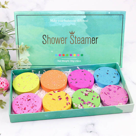 aromatherapy shower steamers essential oil bath tablets
round shower steamer tablets dissolving in water
spa shower tablets for relaxation and stress relief
scented shower bombs with essential oils