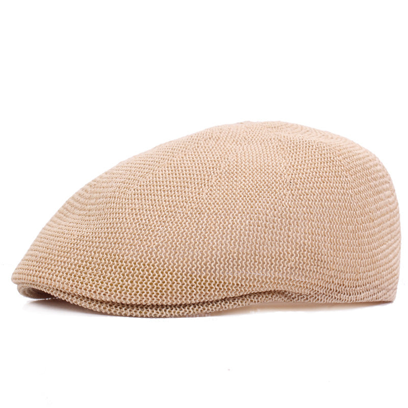 Hand-hooked Korean short brim peaked cap in beige on white background