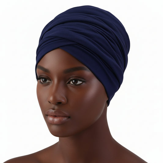 Navy blue headscarf on a mannequin head with a white background