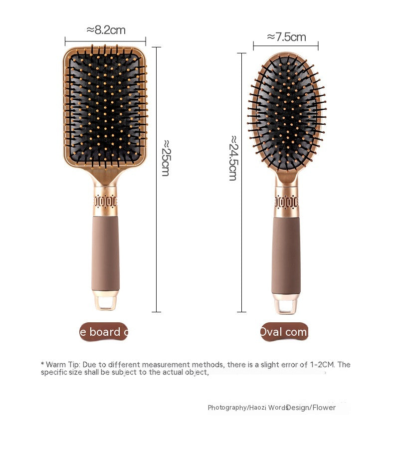 Two hairbrushes, one square and one oval, with measurements - Brown and red premium hair brushes, plate and oval styles, durable ABS