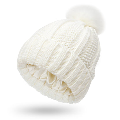 Fashion Stretchy Satin Lined Skull Knit Hats Beanie Hat Faux Fur Pom Pom Hat Winter Keep Warming Beanie Hat