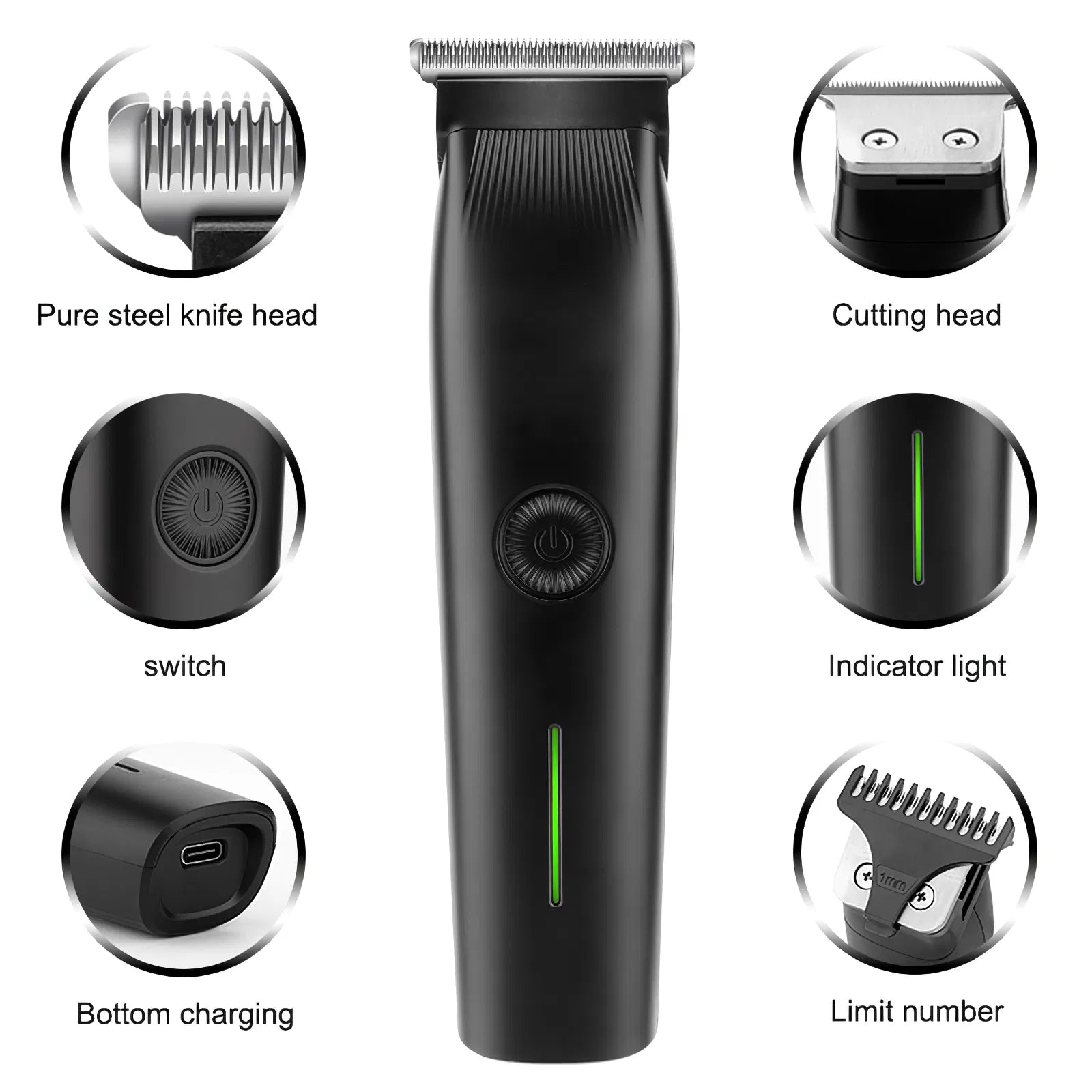 All-in-one grooming kit for men. Beard, hair, and nose trimmer with stainless steel blades, cordless design, and adjustable combs.