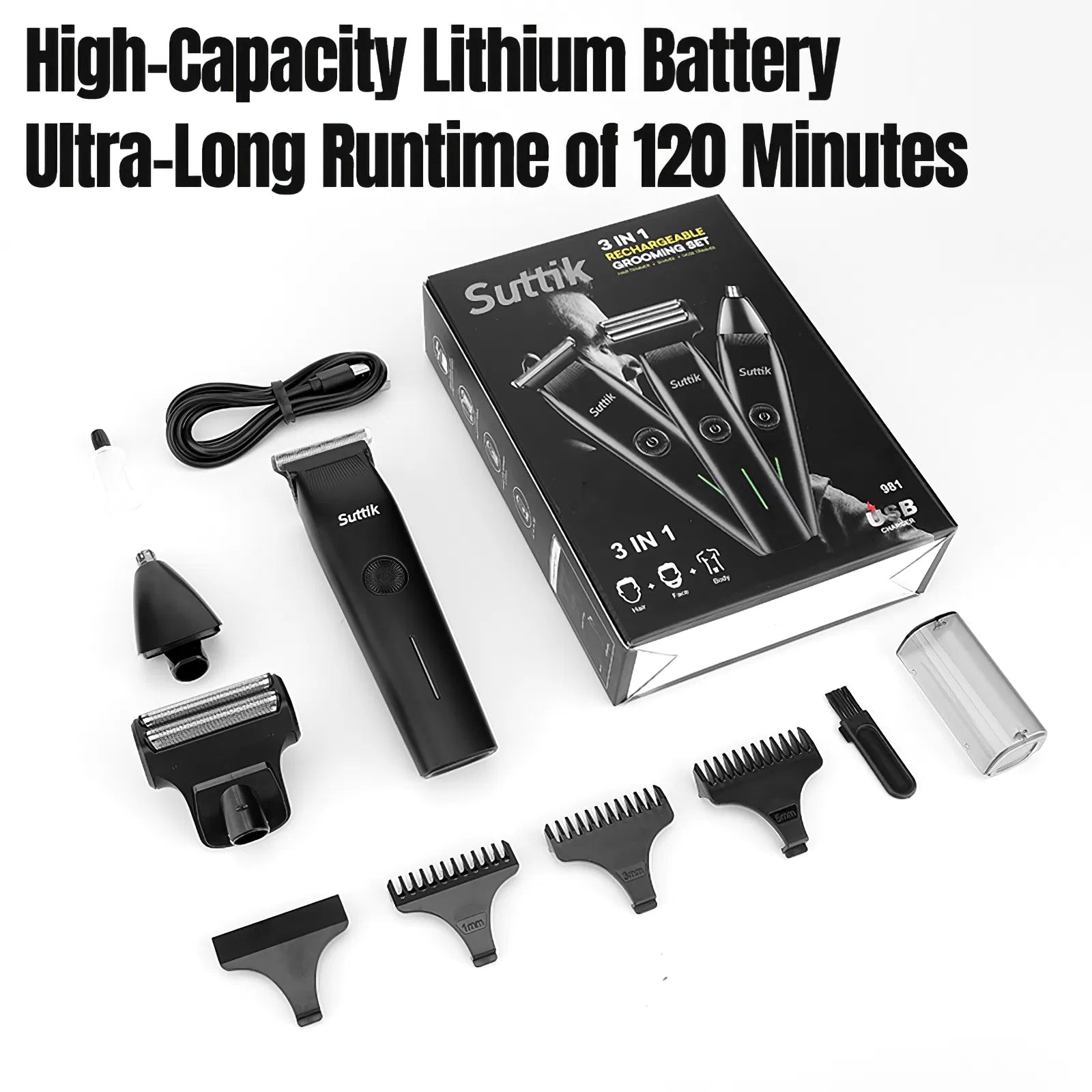 3-in-1 beard and hair trimmer for men. Ergonomic, rechargeable, and easy-to-clean—ideal for precise grooming at home or on the go.