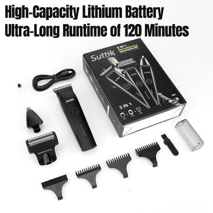 3-in-1 beard and hair trimmer for men. Ergonomic, rechargeable, and easy-to-clean—ideal for precise grooming at home or on the go.