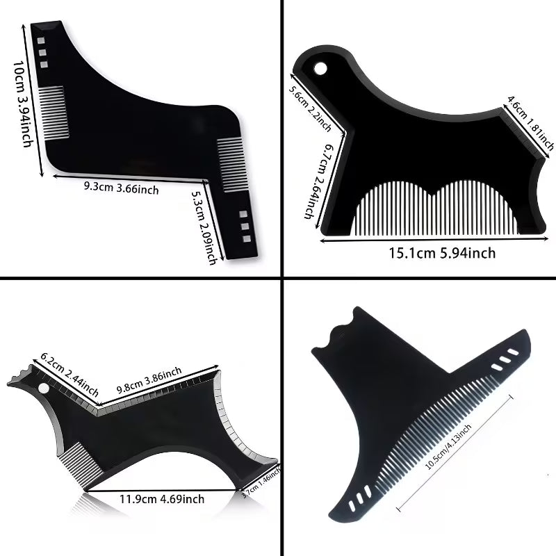 Four-panel product diagram showing a black hair trimmer/beard comb from multiple angles with labeled dimensions on a white background.