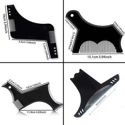 Four-panel product diagram showing a black hair trimmer/beard comb from multiple angles with labeled dimensions on a white background.