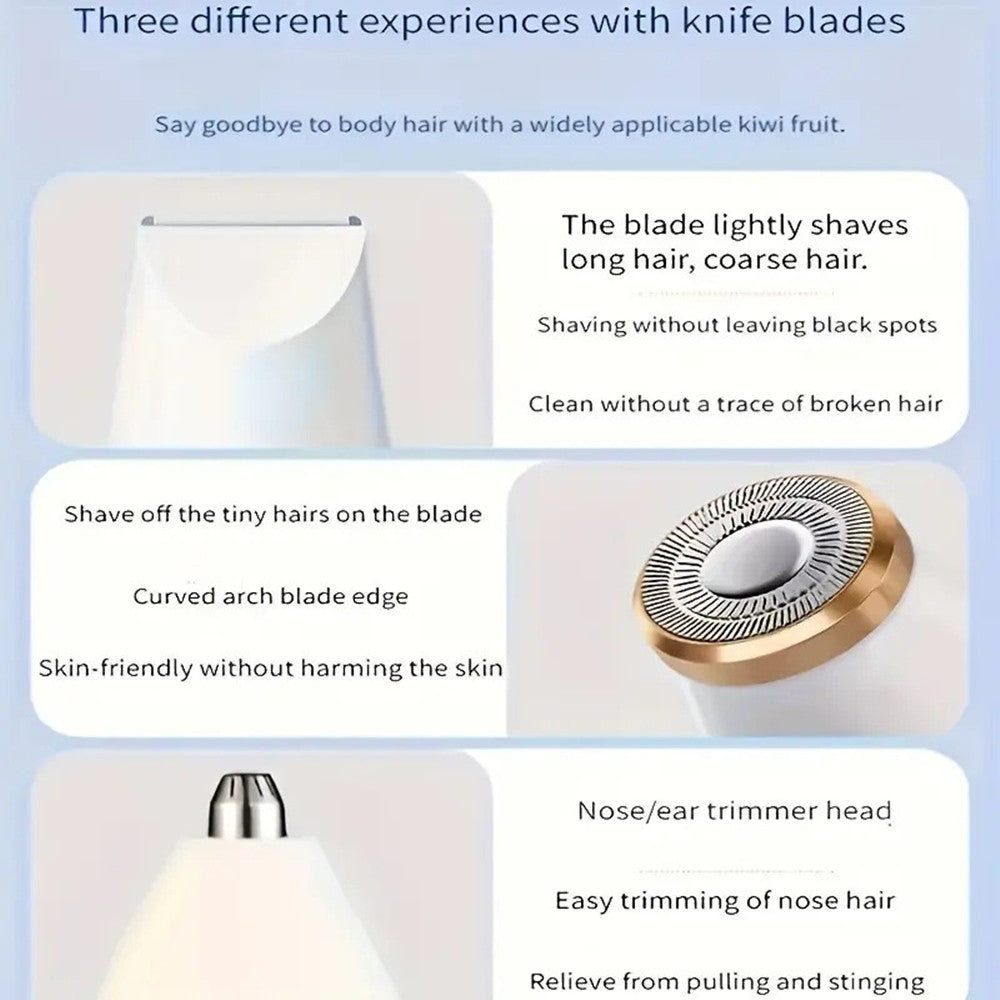 Women’s all-in-one trimmer and shaver. Precision rotary head, waterproof, portable, and safe for face, arms, legs, underarms, and bikini line.
