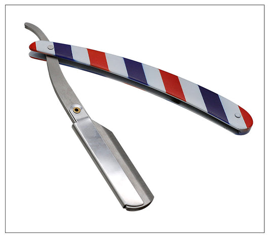 Shaving razor with red, white, and blue handle on a white background