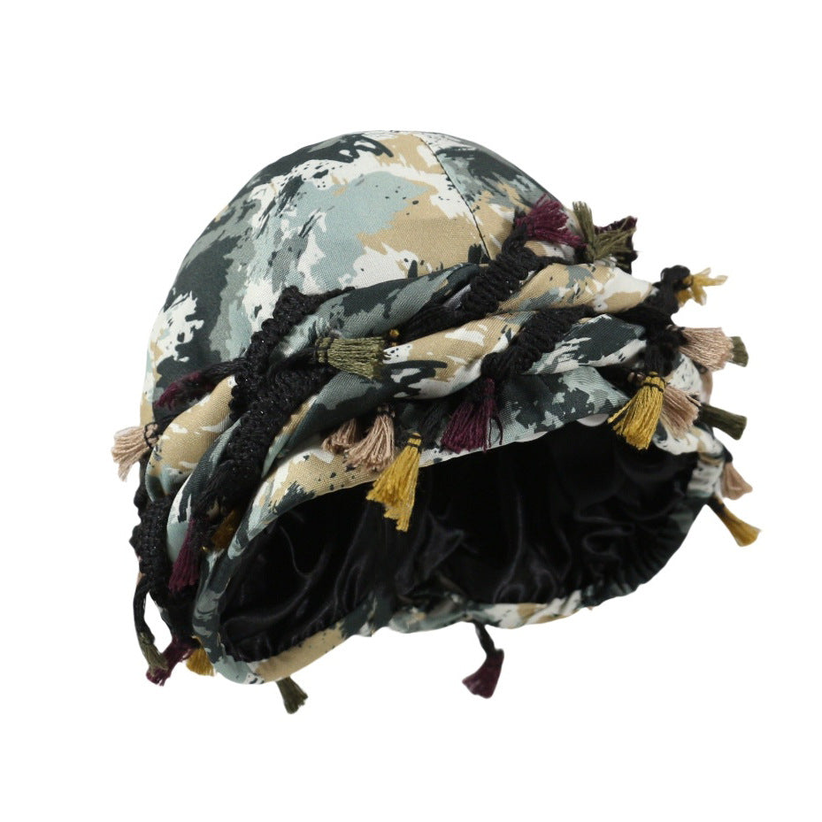 men satin lined headscarf camouflage tassel design
vintage style head wrap with twist tail streetwear look
breathable double layer headscarf for men fashion
camo print headscarf styled for casual outfit
stretch fit satin lined head wrap for daily wear