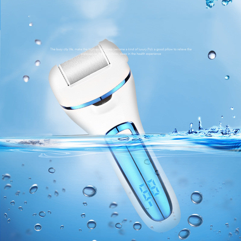 Electric shaver with water droplets and light blue background
