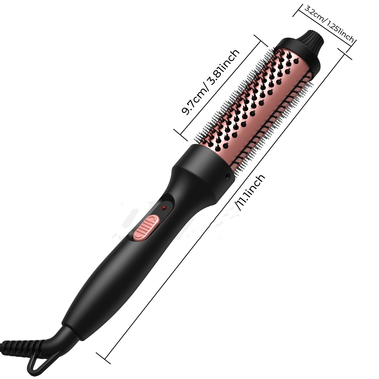 Hair straightening brush with measurements on a white background