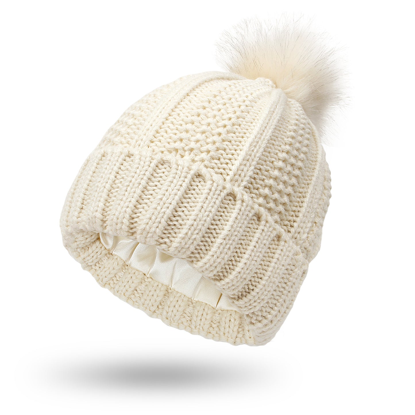 Fashion Stretchy Satin Lined Skull Knit Hats Beanie Hat Faux Fur Pom Pom Hat Winter Keep Warming Beanie Hat