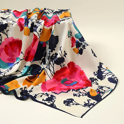 Vibrant Floral Print Satin Square Scarf – Boho Headscarf for Women