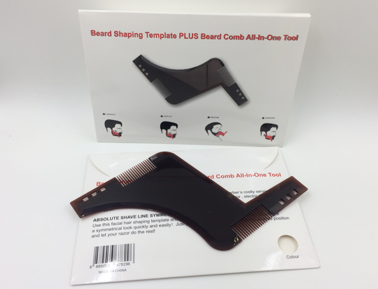 Beard shaping template and comb set with packaging on a white background