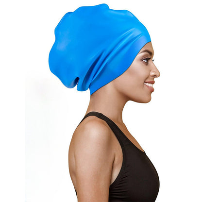 Extra-large waterproof silicone swimming cap designed to fully cover hair and protect ears, featuring a non-squeezing head fit for comfort during swimming