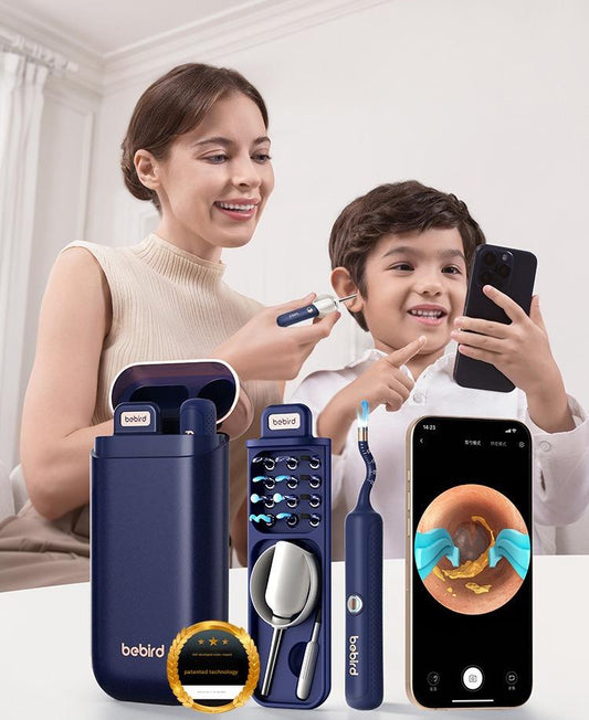 Woman and child using a bebird ear cleaning device with smartphone display, on a light background.
