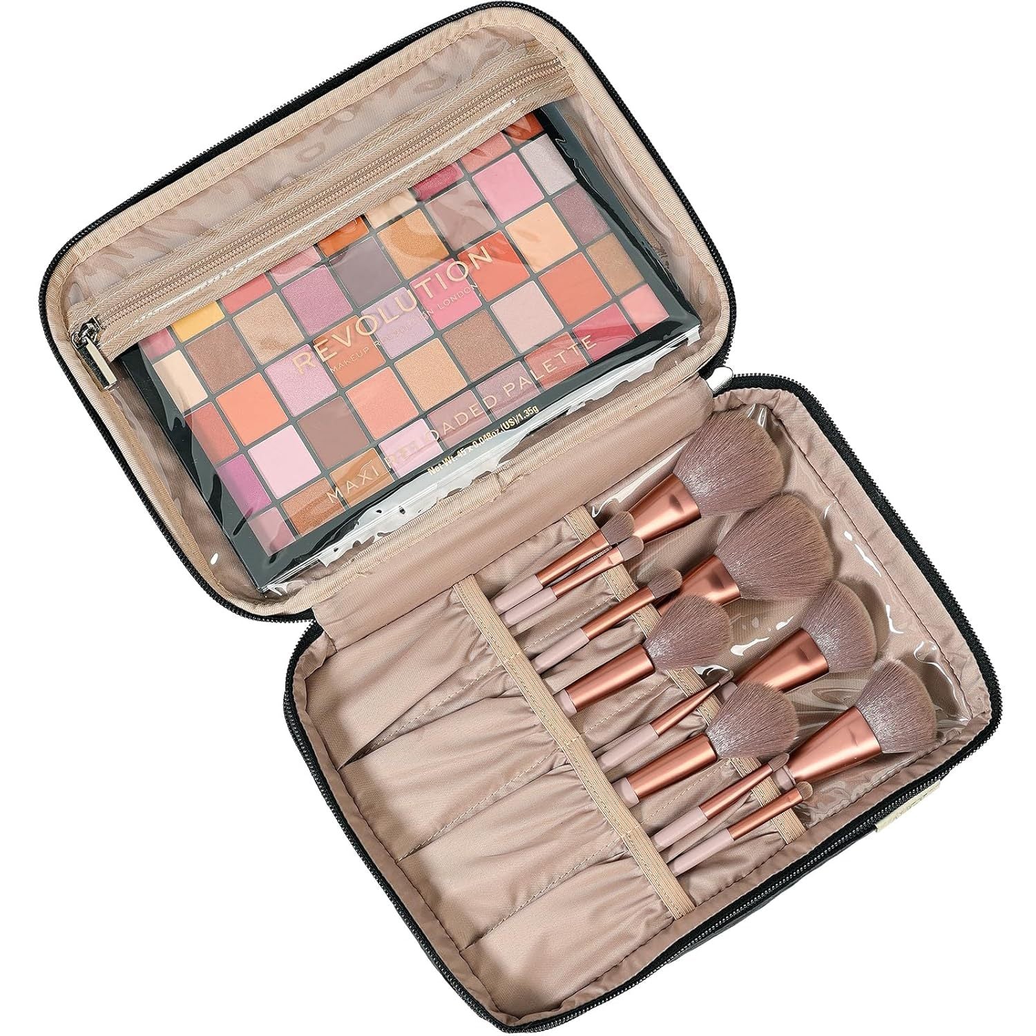 Makeup set with brushes and a palette in an open case on a white background