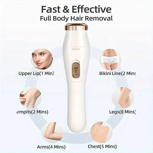 Hair removal device with time estimates for different body parts on a white background