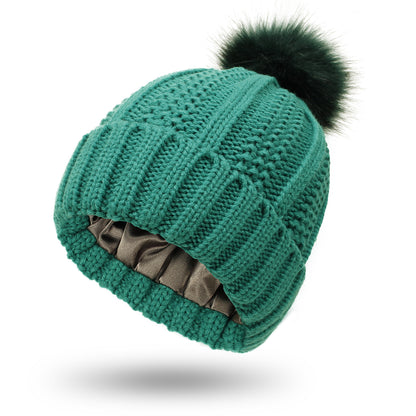 Fashion Stretchy Satin Lined Skull Knit Hats Beanie Hat Faux Fur Pom Pom Hat Winter Keep Warming Beanie Hat