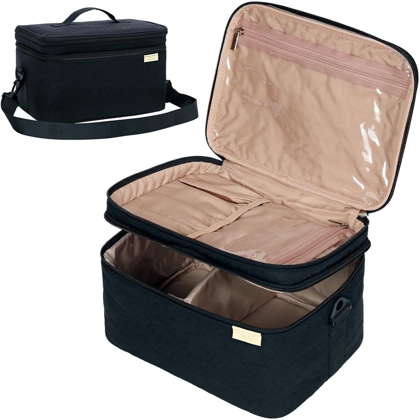 Black makeup case with beige interior, open to show compartments.
