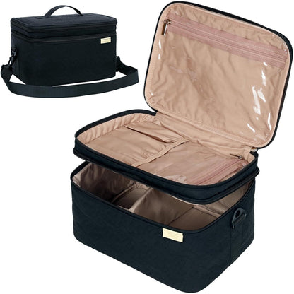 Black makeup case with beige interior, open to show compartments.