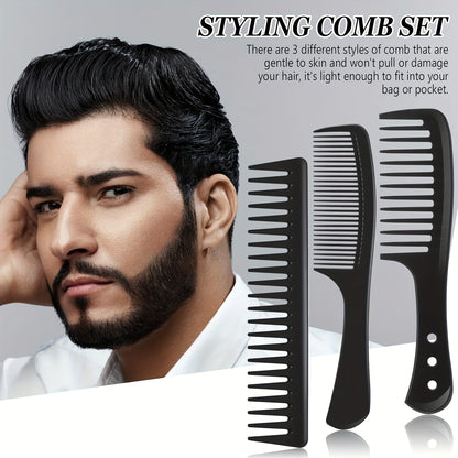 3pcs Haircutting Wide-Tooth Comb Set, Smooth Hairstyling Kit, Carbon Fiber Styling Haircutting Comb, Anti-Static and Heat-Resistant, Black, Suitable for Men and Women with Curly Hair at Home, for Salon and Home Use, 3pcs Haircutting Set